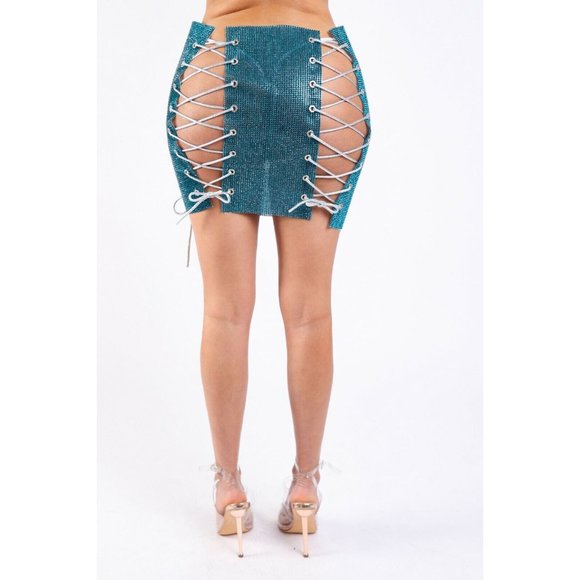 Sexy Full Rhinestones 4 Sides White Lace Up Stretch Party Rave Club Mini Skirt - Picture 8 of 8